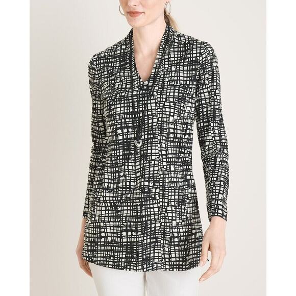 Chico's Criss-Cross Print Tunic Top Size Large /2 Black White Pima Cotton V-Neck - Picture 1 of 7